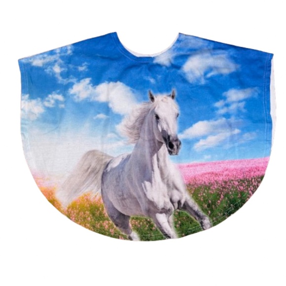 Kids Blue Horse Print Poncho short sleeved Blouse top girls - Picture 2 of 6